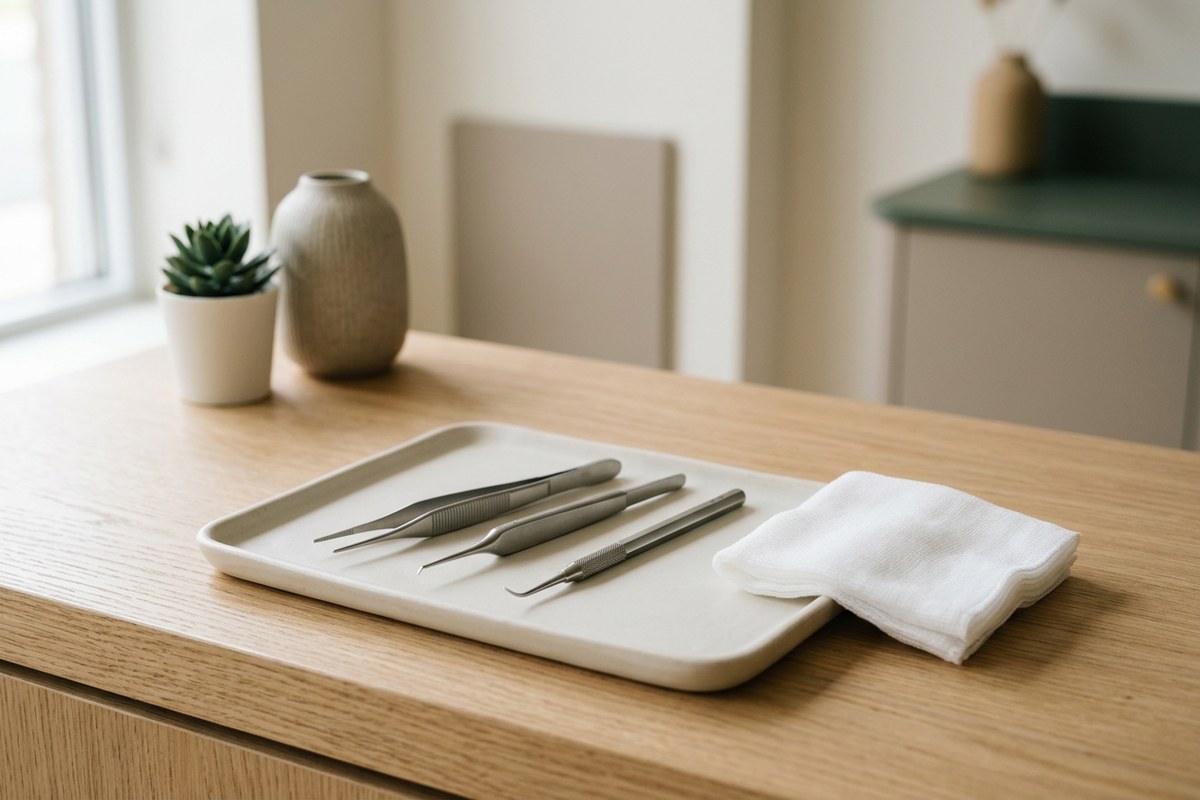Illustrative object photograph of fine surgical instruments and folded gauze on a pale tray