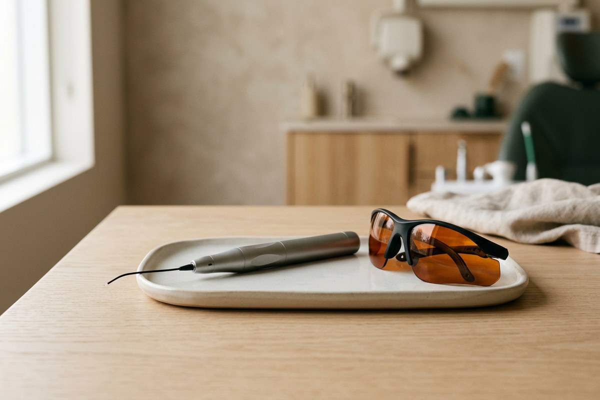 Illustrative object photograph of a dental diode laser handpiece and protective eyewear on a pale tray