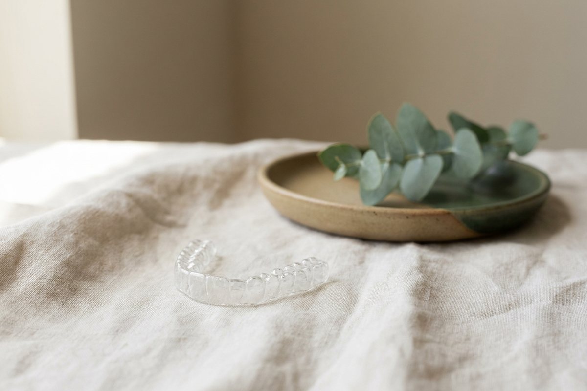Illustrative object photograph of a clear dental appliance resting on folded linen beside a shallow dish and a sprig of eucalyptus
