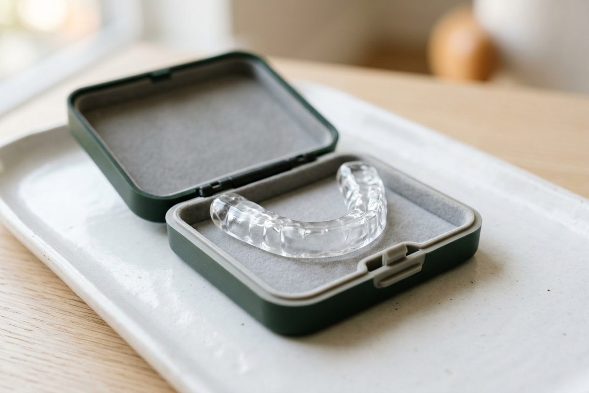 Illustrative object photograph of a clear clear dental nightguard resting in its open case on a white ceramic tray