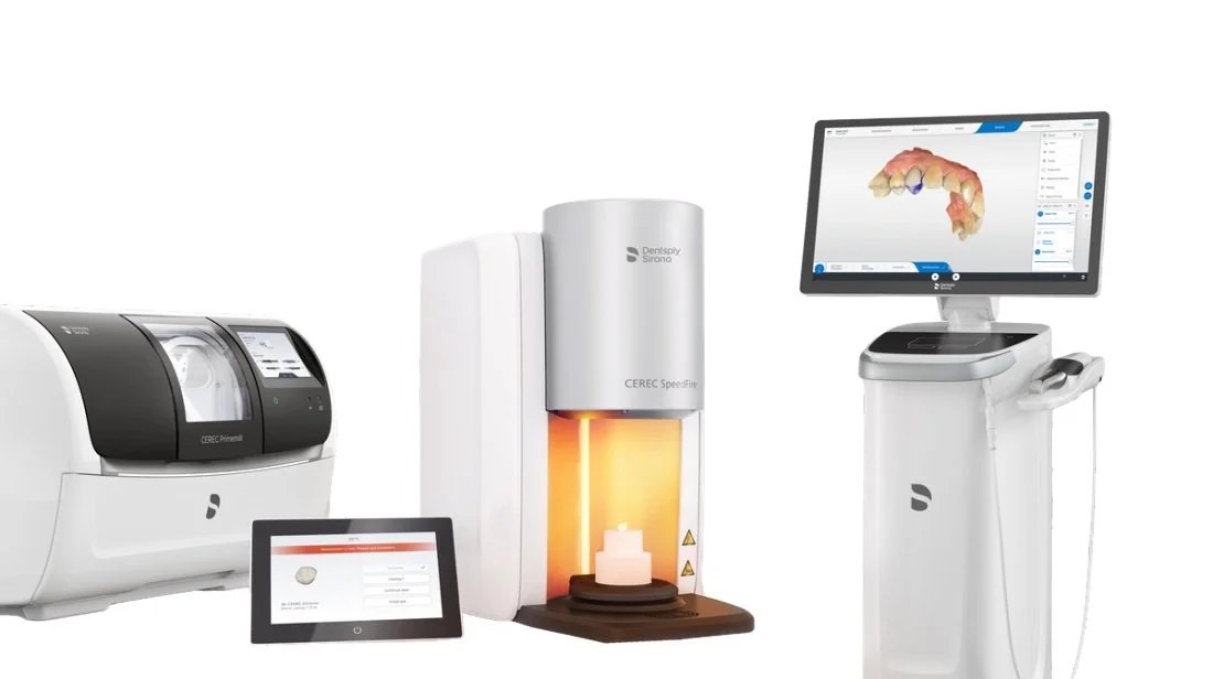 The CEREC Primemill milling unit, Speedfire furnace and Primescan scanner &mdash; manufacturer photograph of the equipment, not taken at the clinic