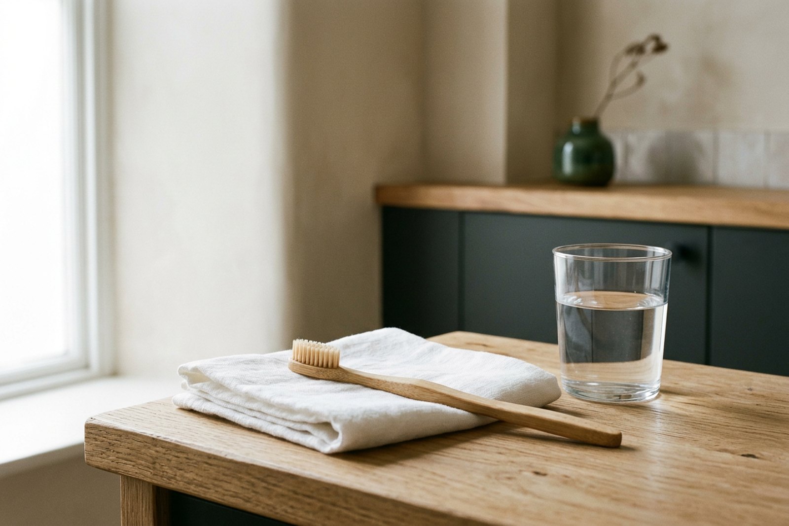 Illustrative object photograph of a toothbrush on a folded white cloth beside a glass of water