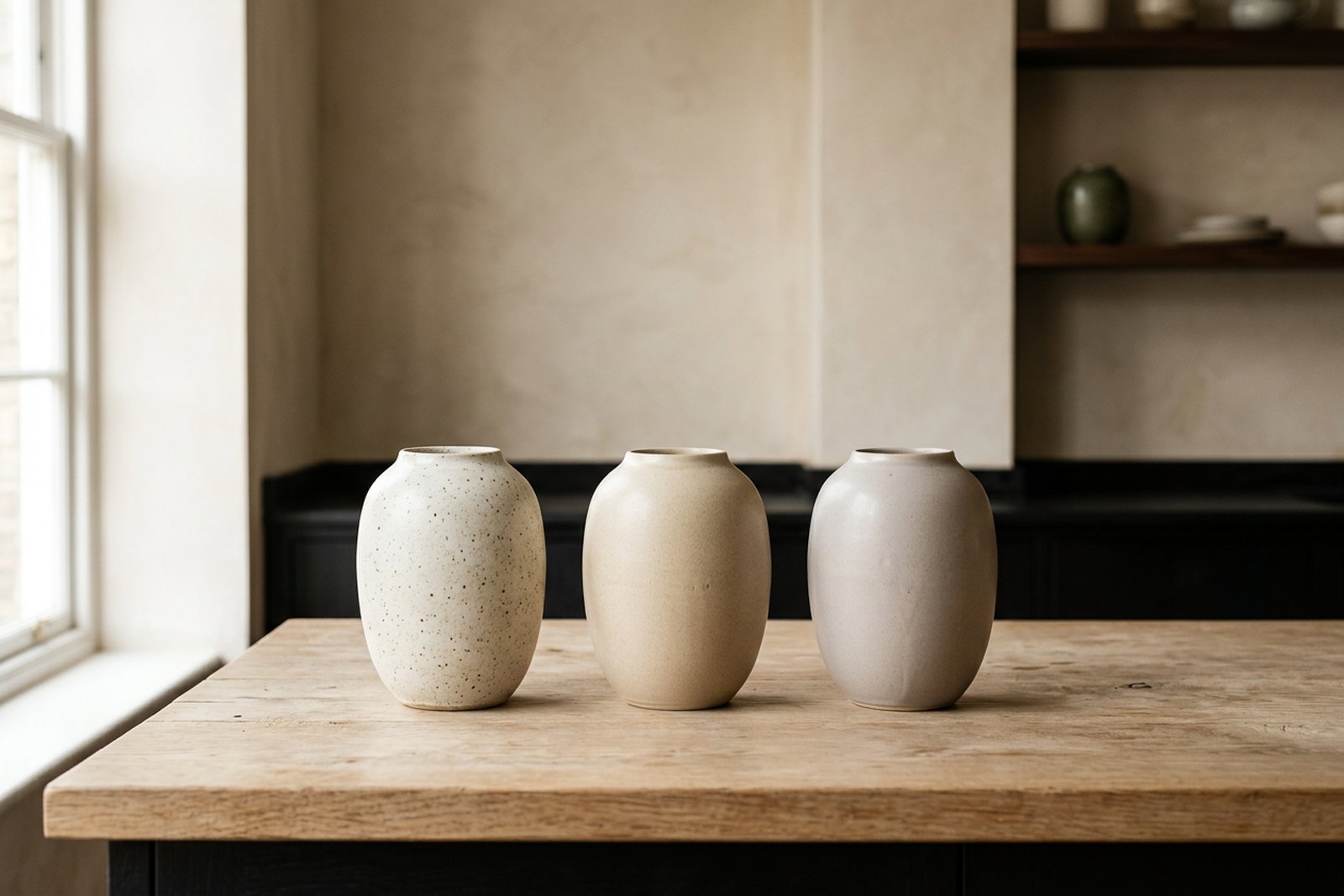Illustrative object photograph of three nearly identical pale ceramic vessels in a row on a pale oak counter