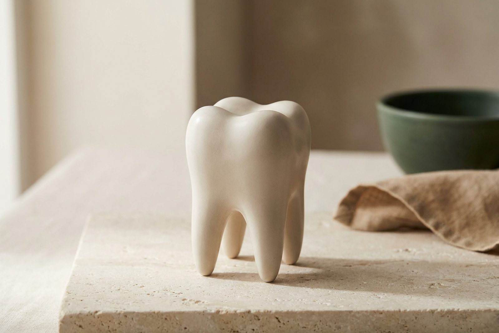 Illustrative object photograph of a single natural-looking ceramic tooth form resting upright on pale stone