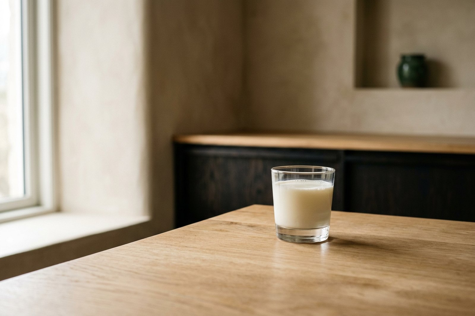 Illustrative object photograph of a single glass of milk on a pale oak counter