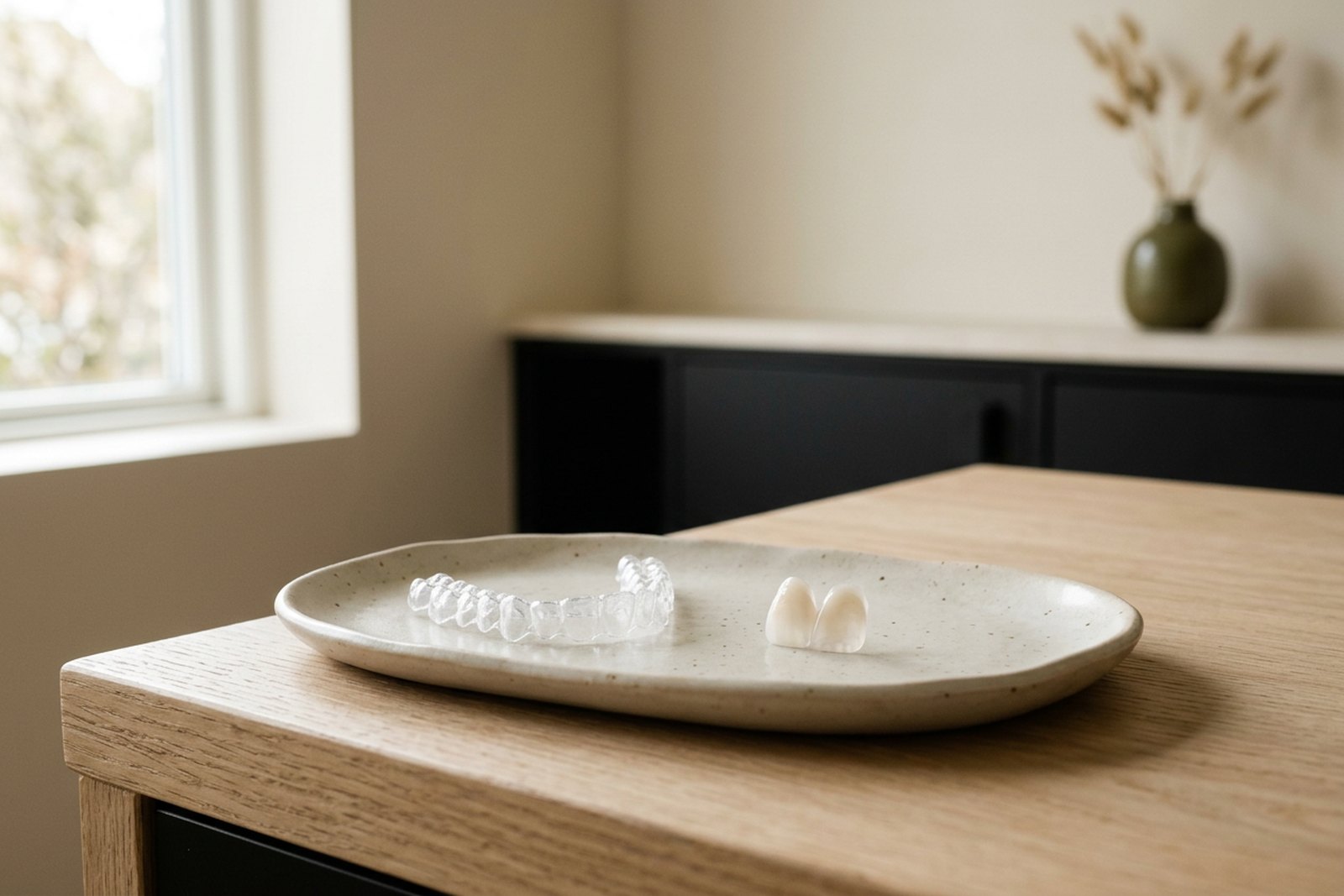Illustrative object photograph of a clear aligner tray beside a thin porcelain veneer shell on a pale tray